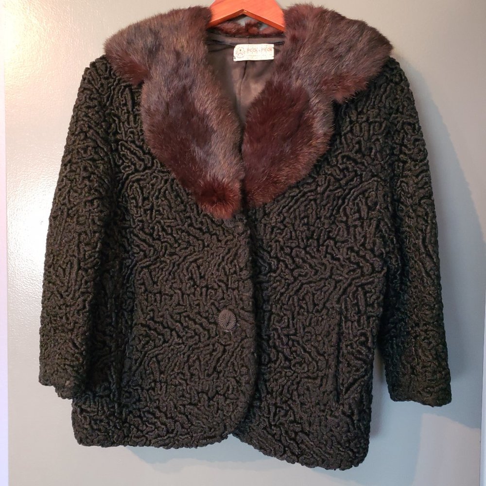 1950s Vintage Peck & Peck Curly Lamb Coat with Mink Collar